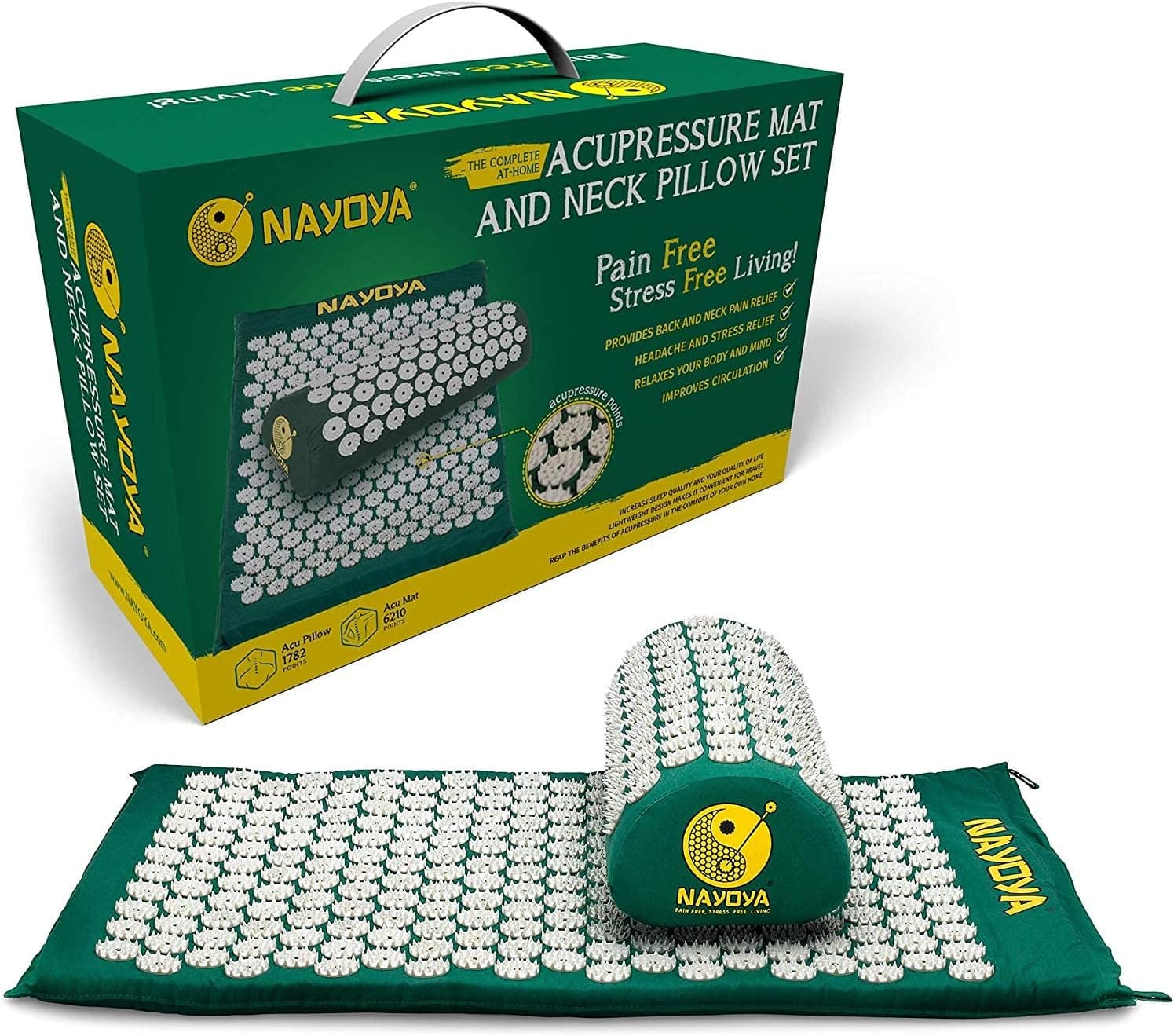 NAYOYA Neck and Back Pain Relief Acupressure Mat and Neck Pillow Set with Carry Box