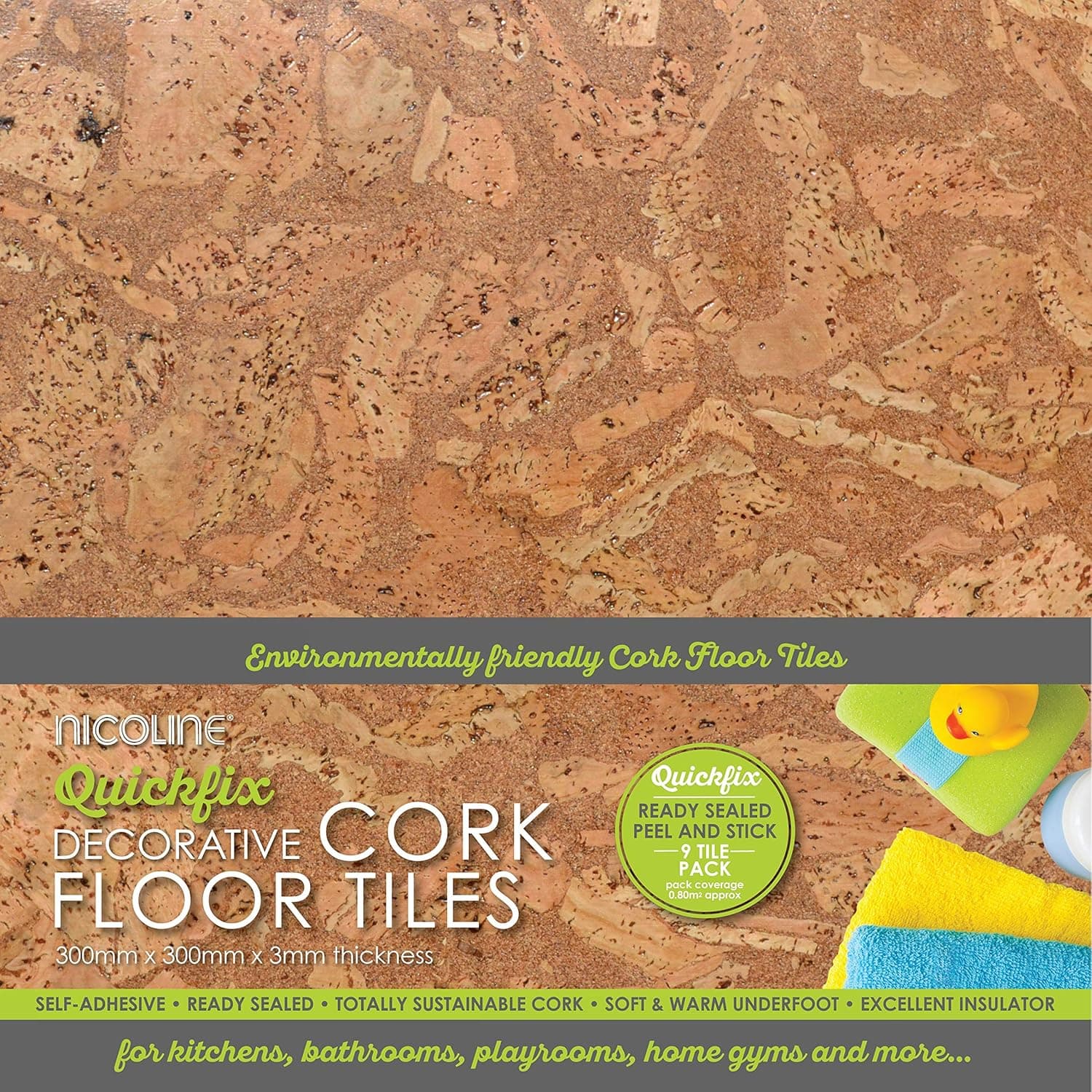 Decorative 3mm Self-Adhesive Cork Floor Tiles (0.80m2)