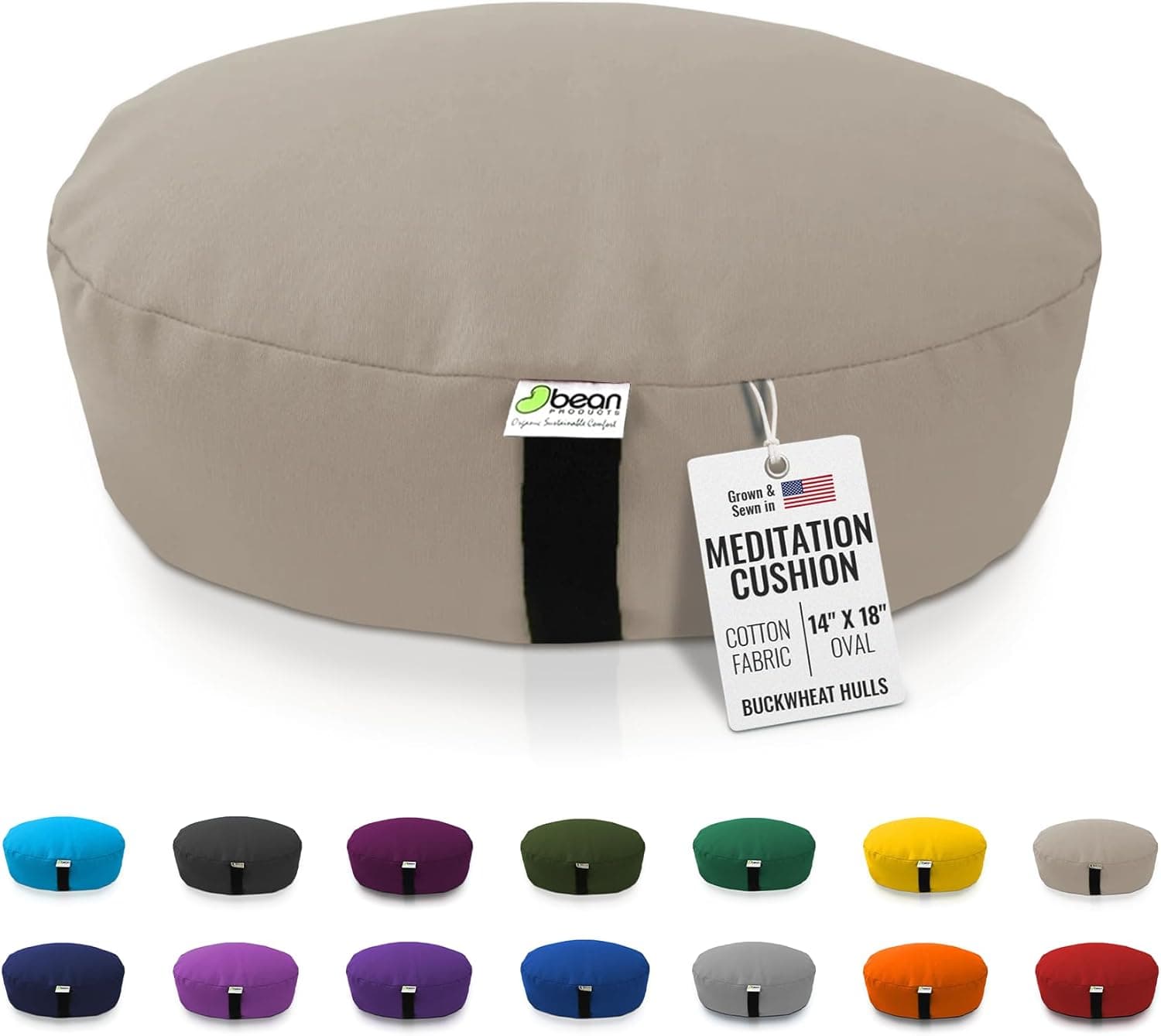 Bean Products Zafu Meditation Pillow, Cotton/Buckwheat Fill, 14 x 18 Oval, Made in USA