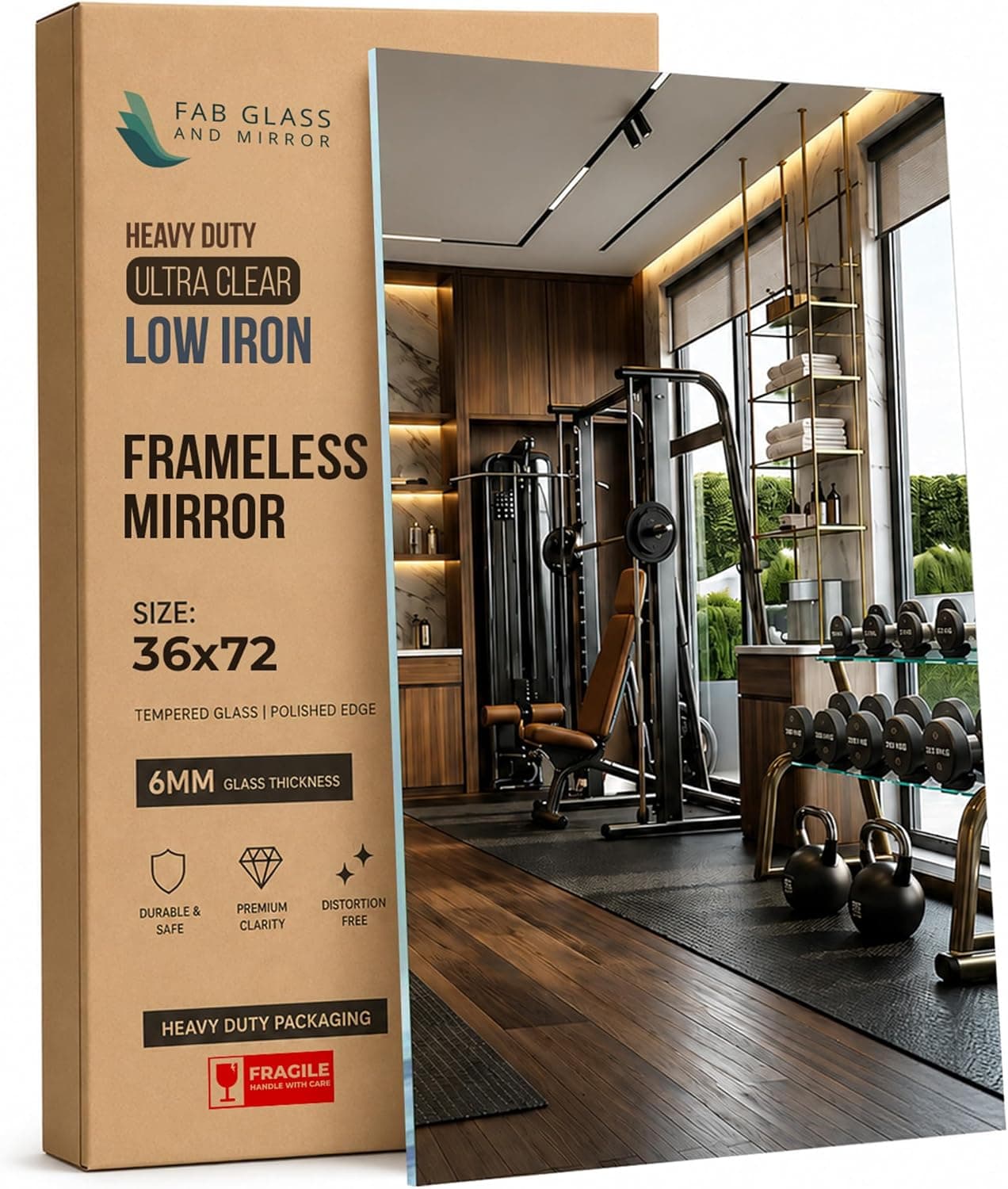 Fab Glass and Mirror Large Gym Mirror 36 x 72 - Full Length HD Tempered Glass Wall Panel with Safety Backing