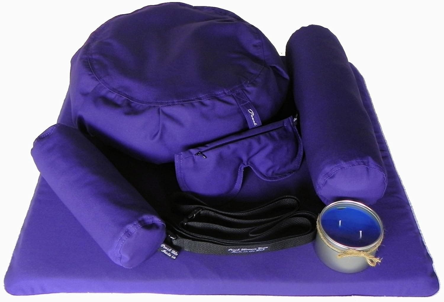 Peach Blossom 7 Piece Restorative Yoga Set - Zafu, Zabuton, Eye Pillow, Neck and Back Bolsters, Candle and Strap, Violet