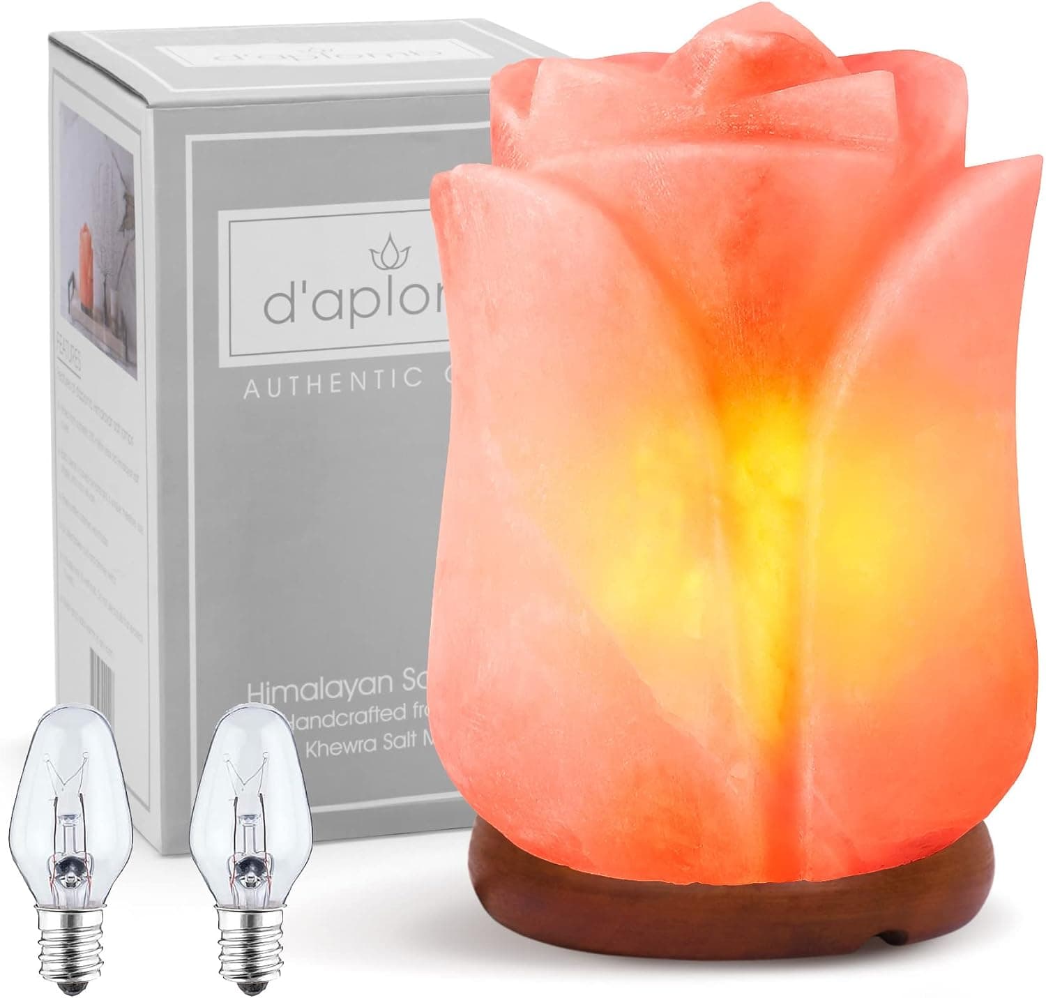 d'aplomb 100% Authentic Natural Himalayan Salt Lamp, Hand Carved Flower Rose Crystal Rock Salt with Dimmer Cord