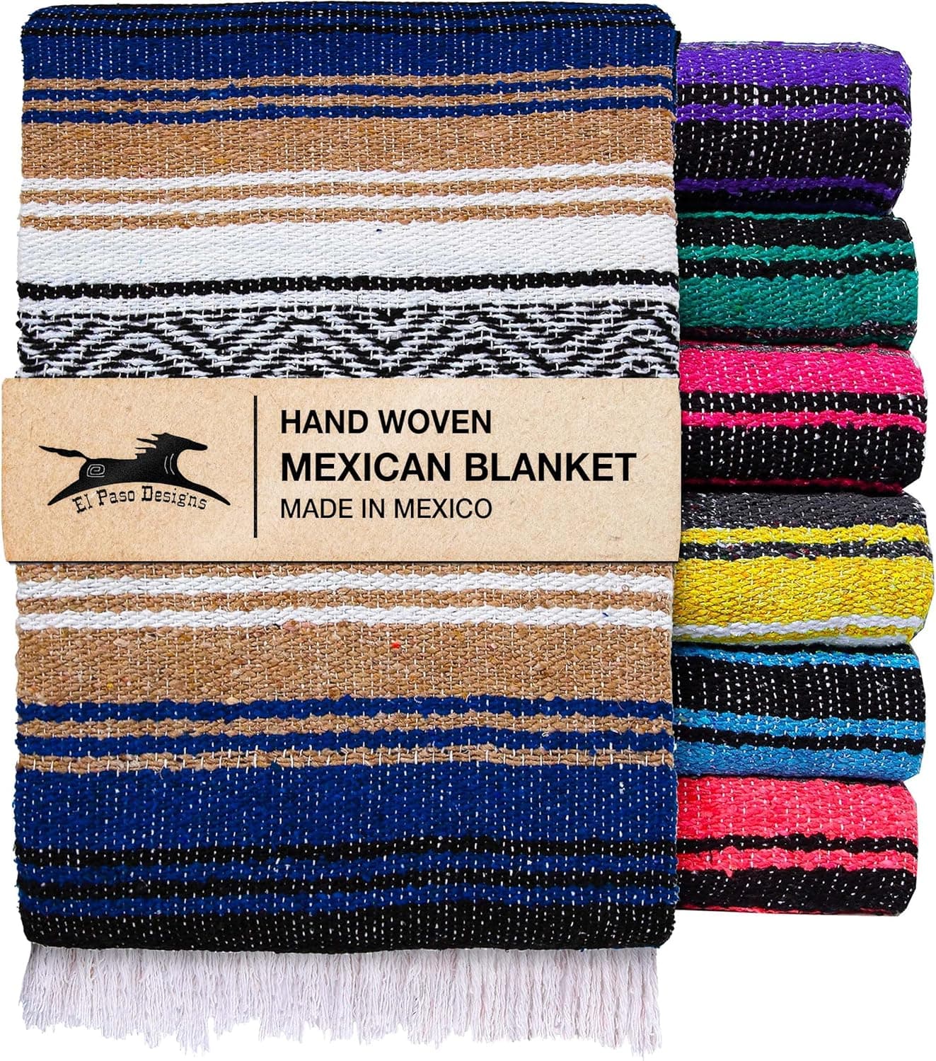 El Paso Designs Mexican Yoga Blanket - Colorful Falsa Serape Throw (Blue and Tan)