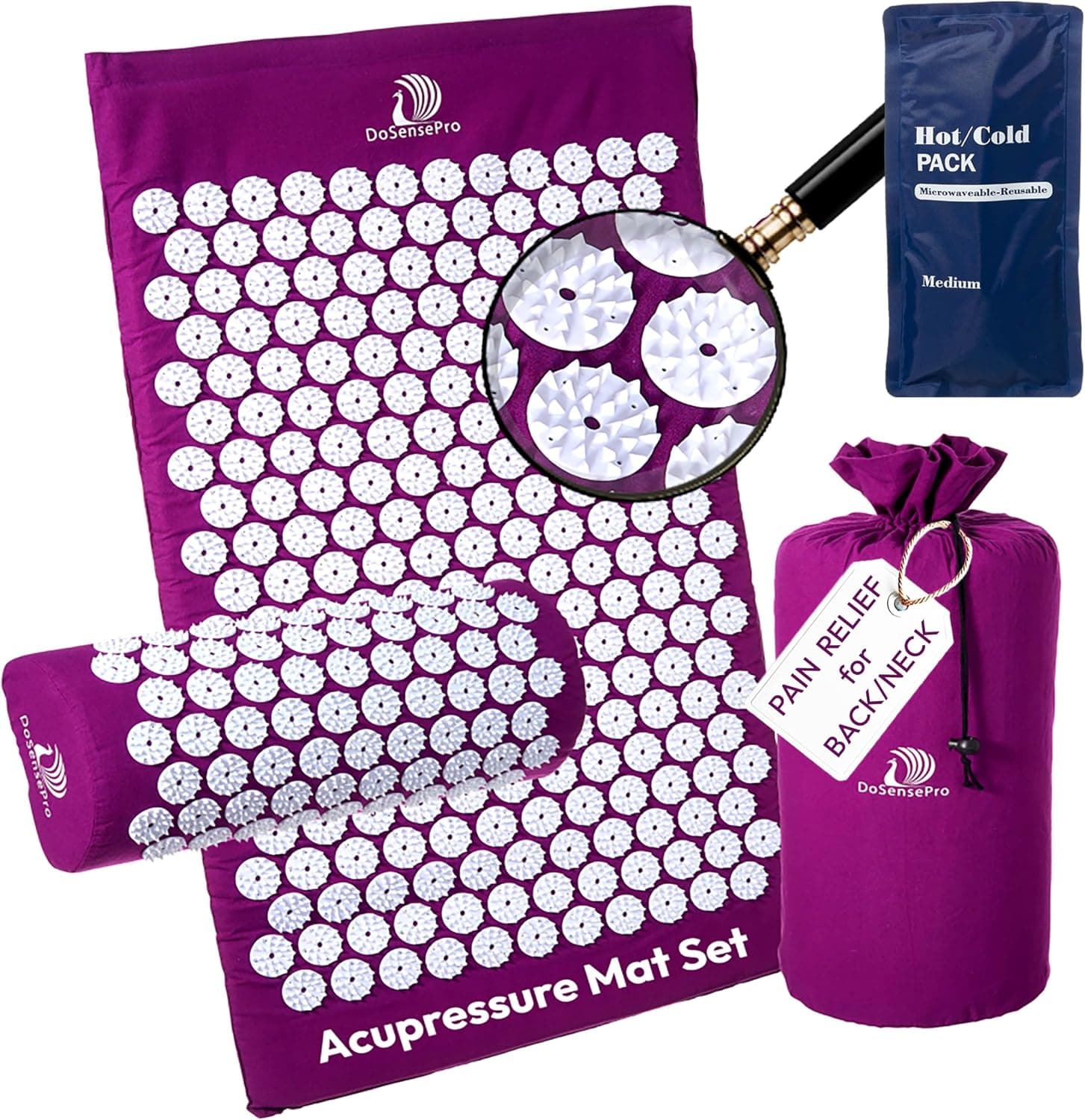 DoSensePro Acupressure Mat and Pillow Set, 4-in-1, 29 inch, with Hot/Cold Pack (Purple)