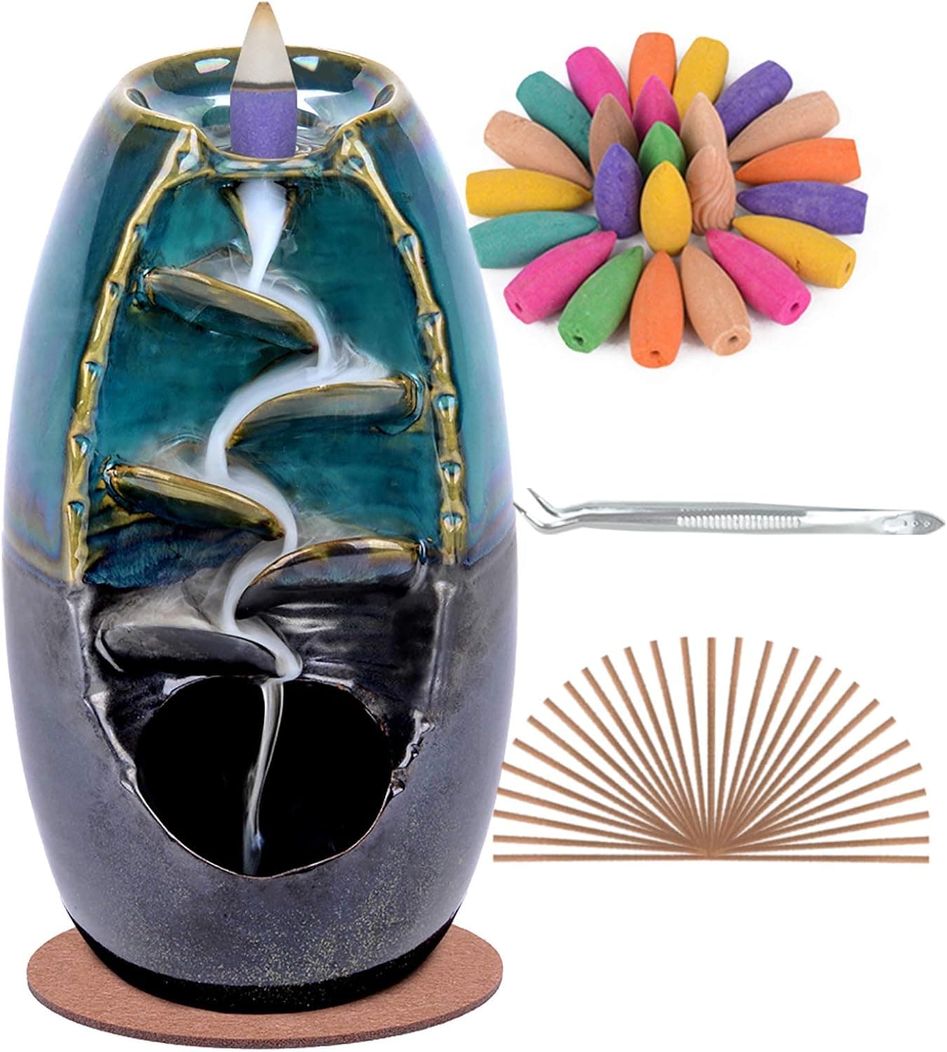 SPACEKEEPER Ceramic Backflow Incense Holder Waterfall Burner with 120 Cones and 30 Sticks, Blue Set