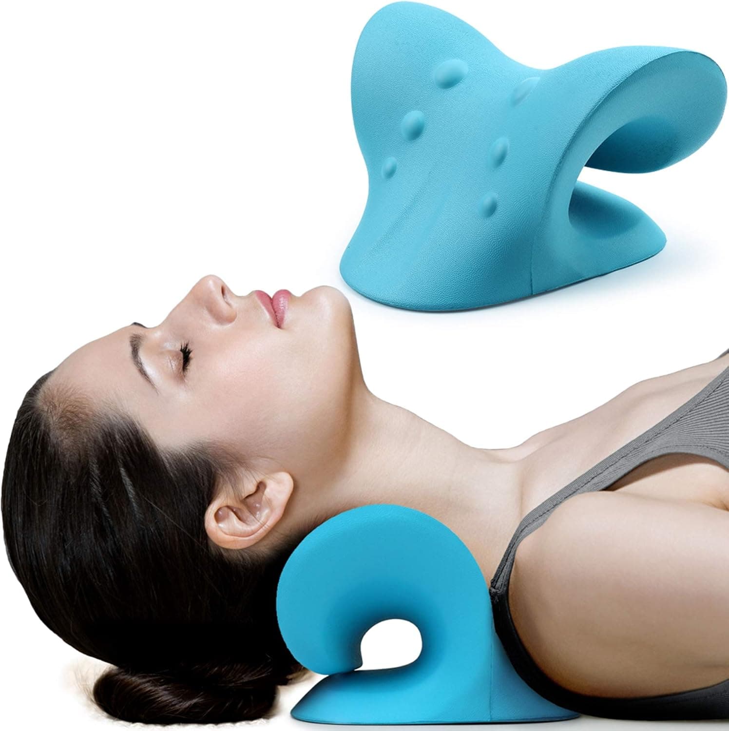 RESTCLOUD Neck and Shoulder Relaxer, Cervical Traction Device, Chiropractic Pillow (Blue)