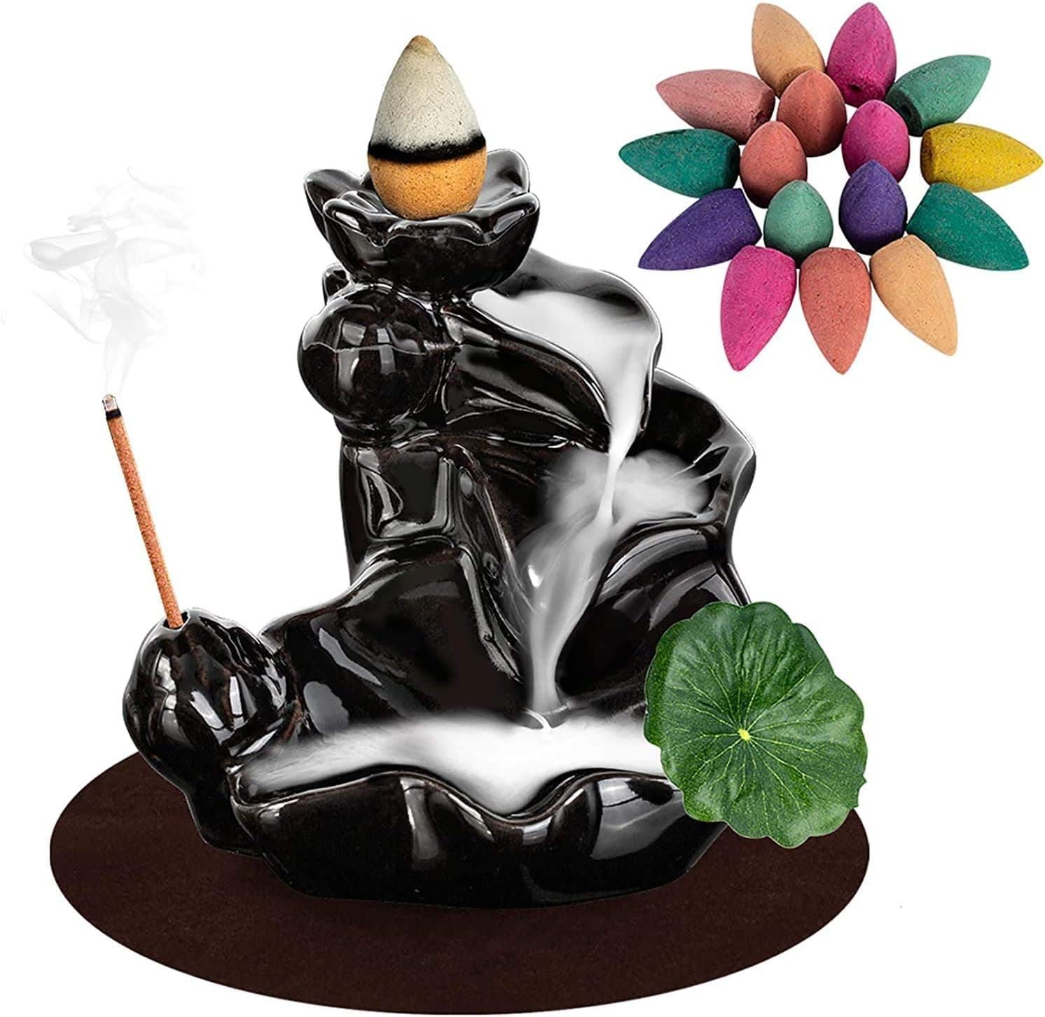 DK177 Waterfall Backflow Incense Holder, Handcrafted Porcelain Censer with 20 Free Cones