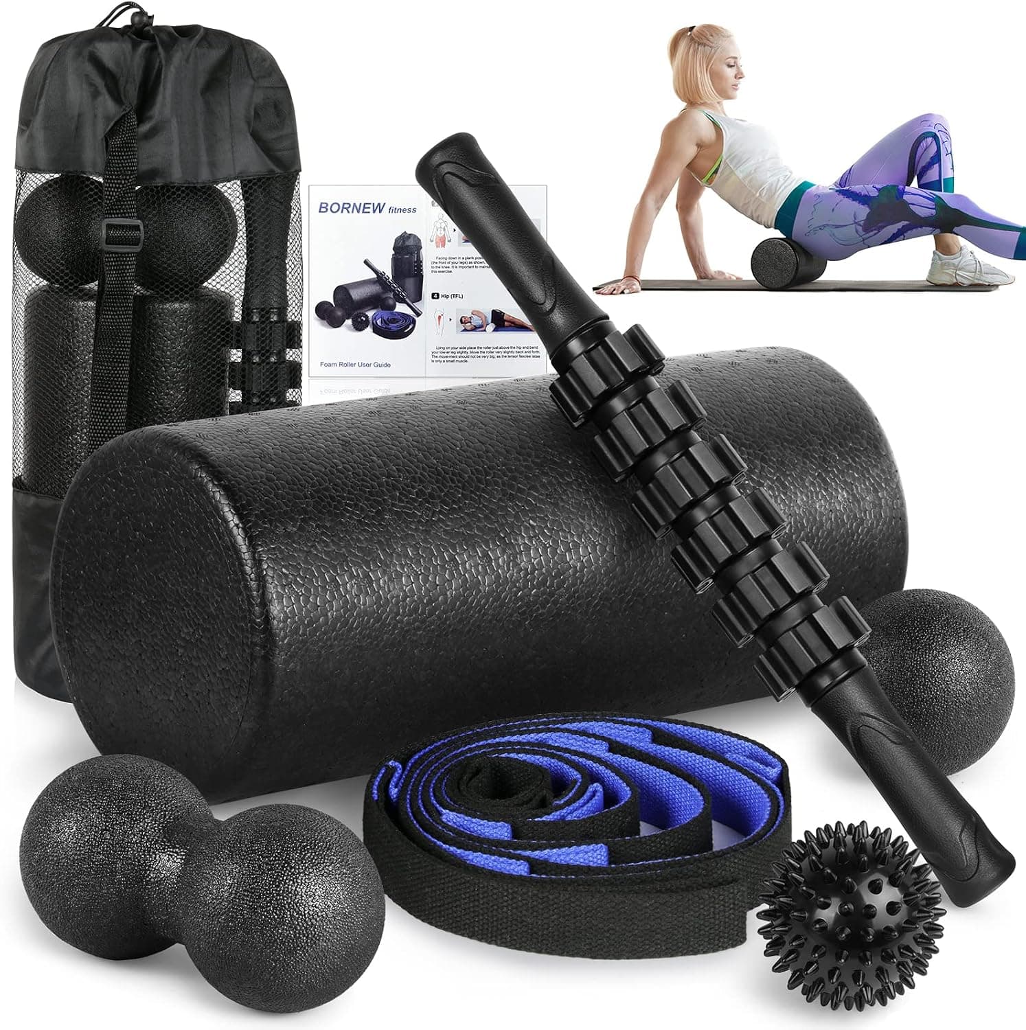 Foam Roller Set - High Density Back Roller, Muscle Roller Stick, Foot Fasciitis Ball, Stretching Strap