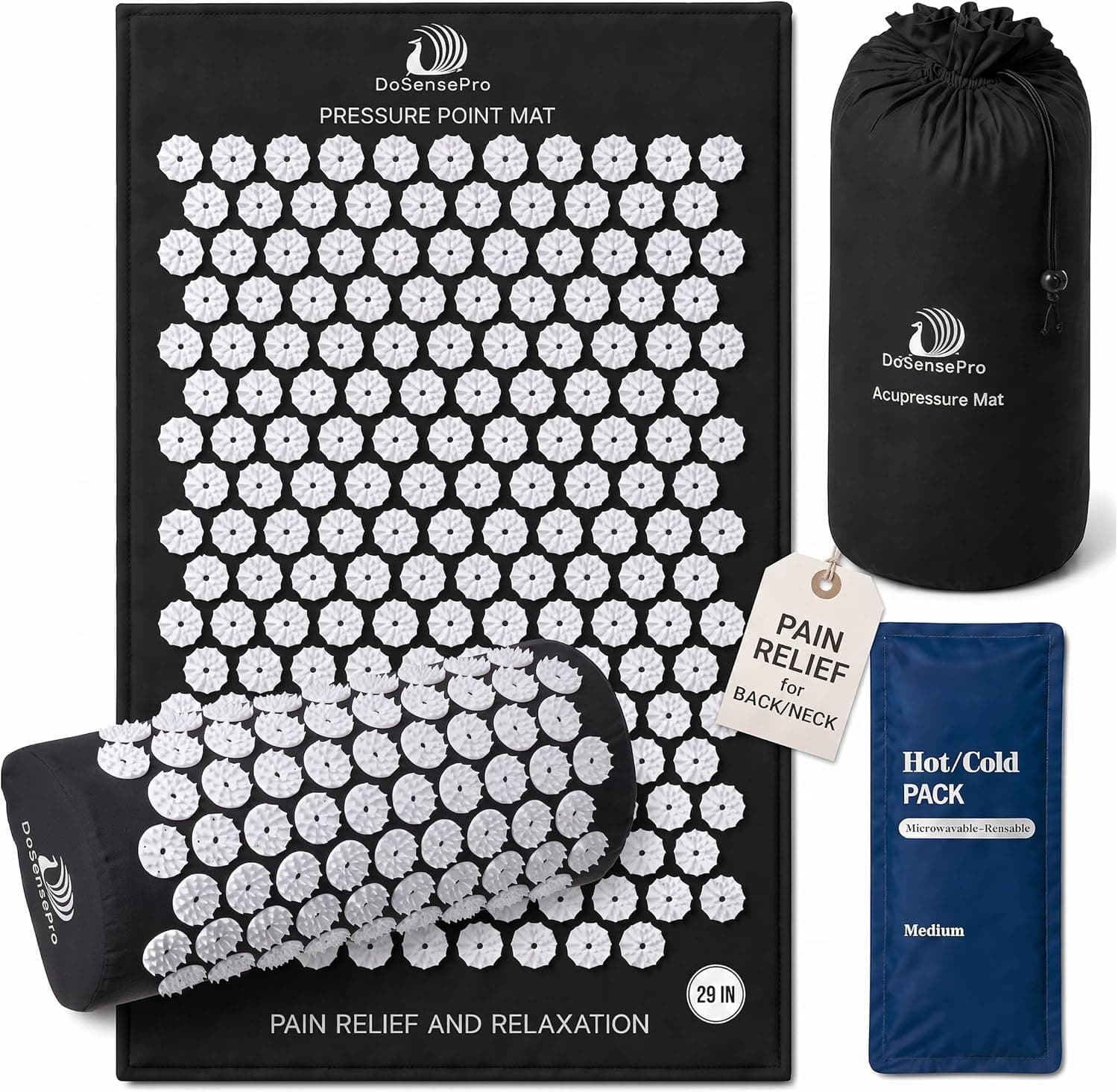Acupressure Mat and Pillow Set for Back and Neck Pain Relief, Sciatica and Pressure Point Aches (Black)
