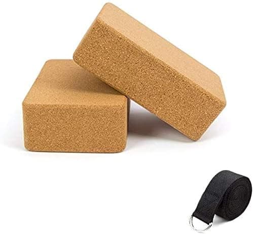 SVY Cork Yoga Blocks, 2 Pack with Black Yoga Strap, 9x6x3 Inch, High Density Solid Natural Cork