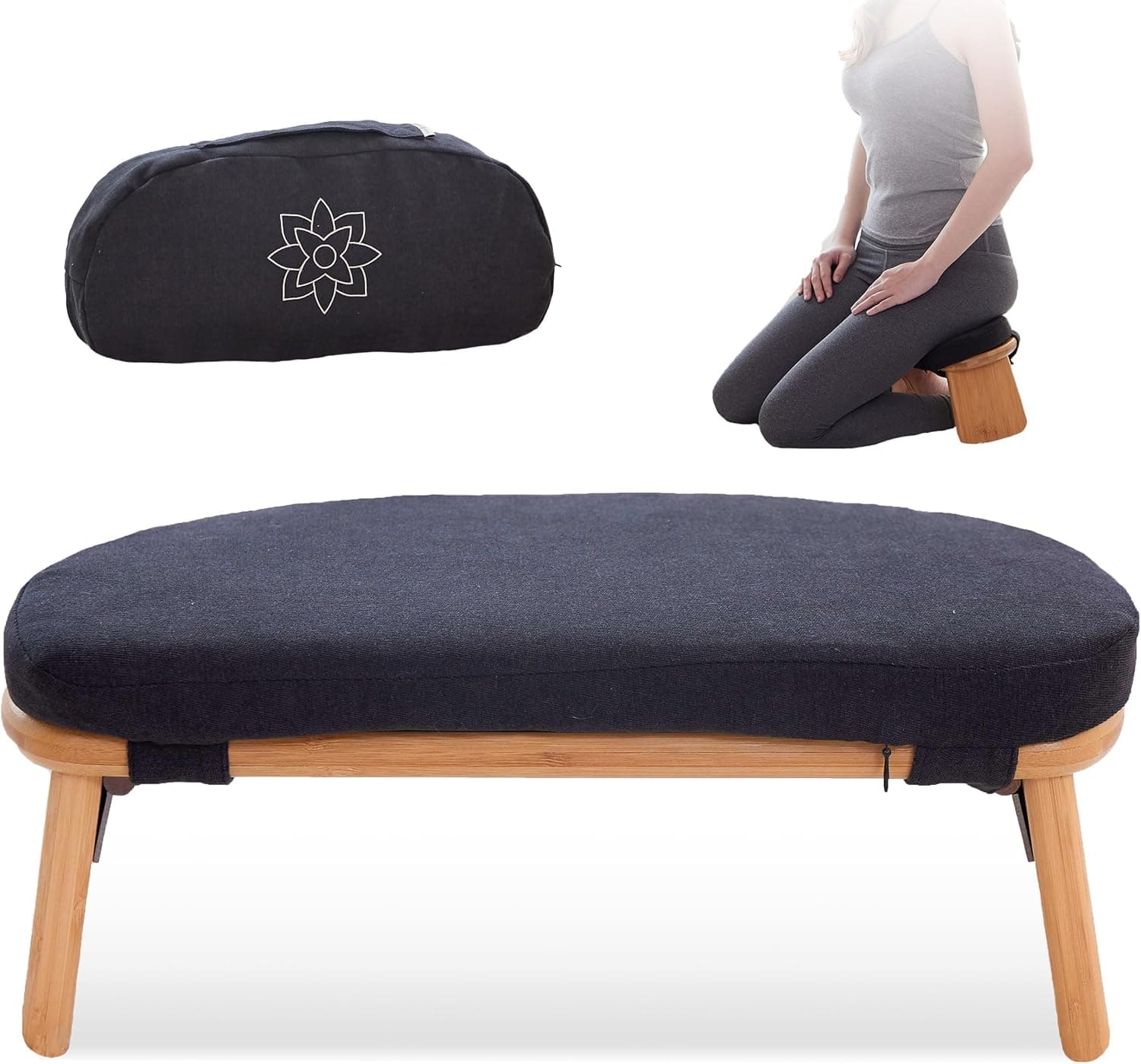 Mindful Modern Folding Meditation Bench - Bamboo Kneeling Stool with Locking Magnetic Hinges, Pillow and Travel Bag