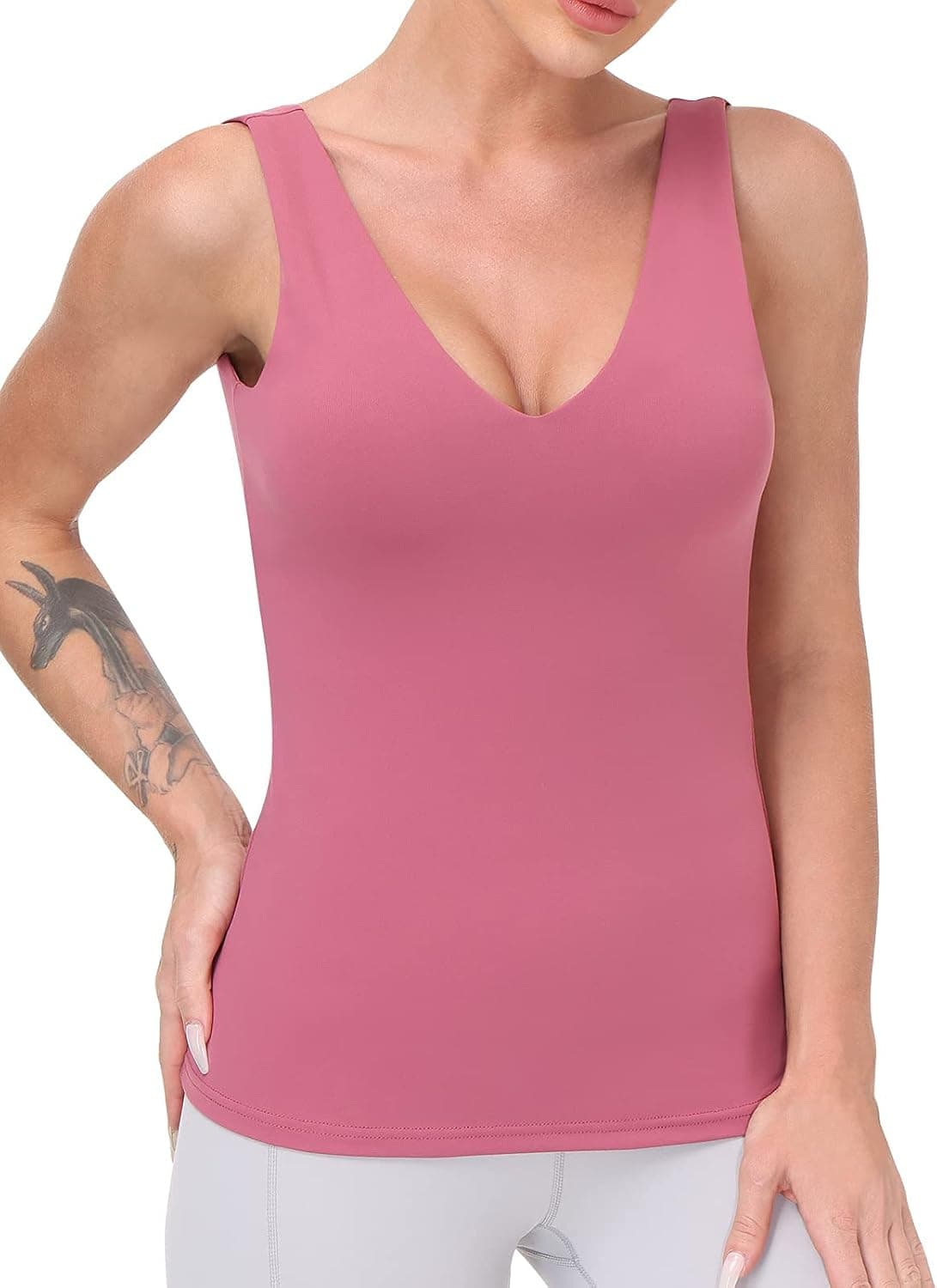 Workout Tops for Women - Yoga Tank Tops with Built in Bra, Wirefree Padded V-Neck Athletic Camisole