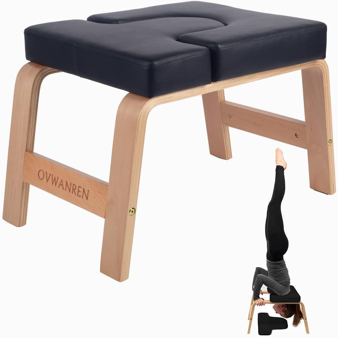 ovwanren Yoga Headstand Bench - Stand Yoga Chair for Family, Gym - Wood and PU Pads (Black)