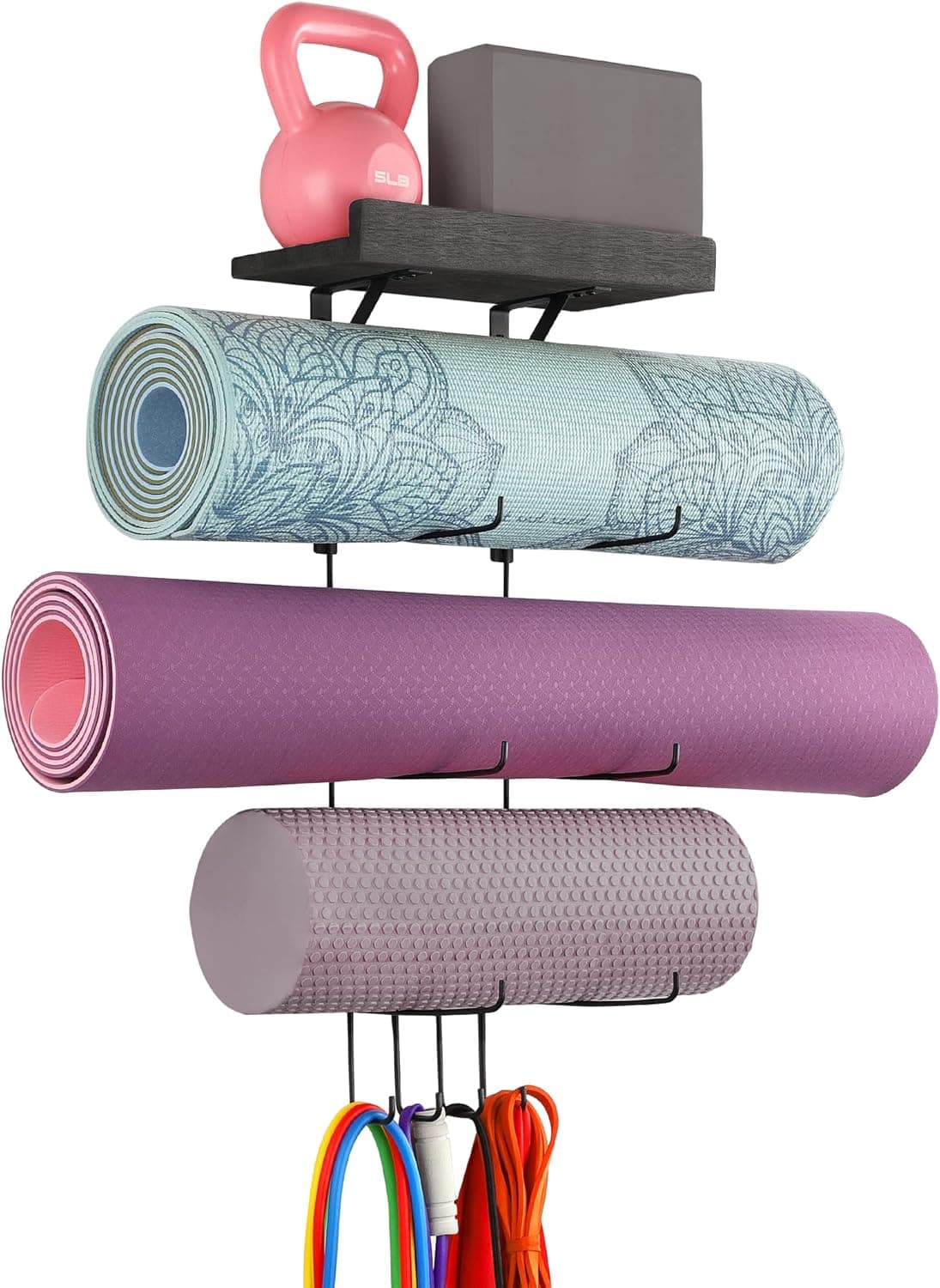VINAEMO Yoga Mat Holder Wall Mount Storage Rack with Wood Floating Shelves and 4 Hooks