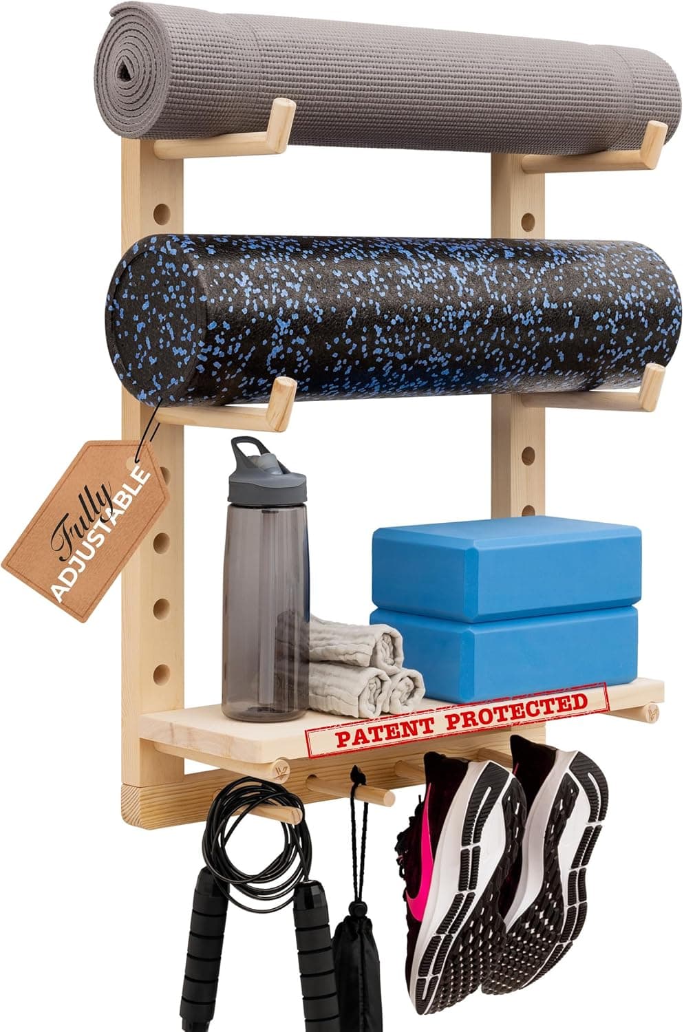 Yoga Mat Holder Wall Mount Home Gym Shelf, Fully Adjustable Wooden Organizer