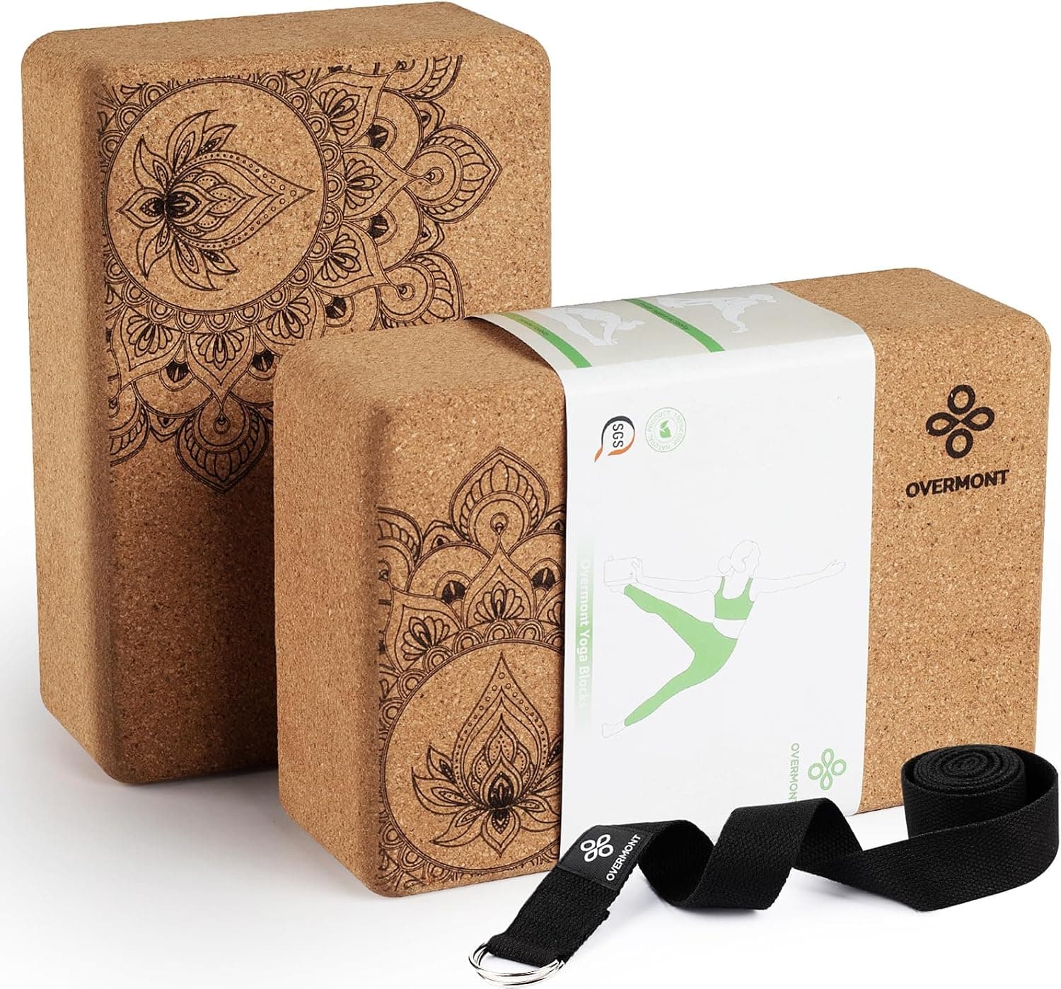 Overmont Cork Yoga Blocks 2 Pack with 8ft Strap, Natural Cork Bricks, 9x6x3 Inch