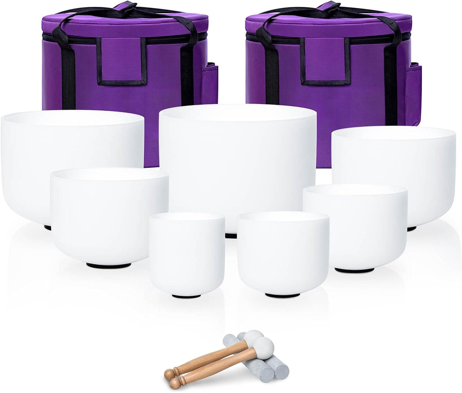 SOUNDELLO 6-12 Inch White 432Hz Quartz Crystal Singing Bowls Set of 7 with Case and Mallet