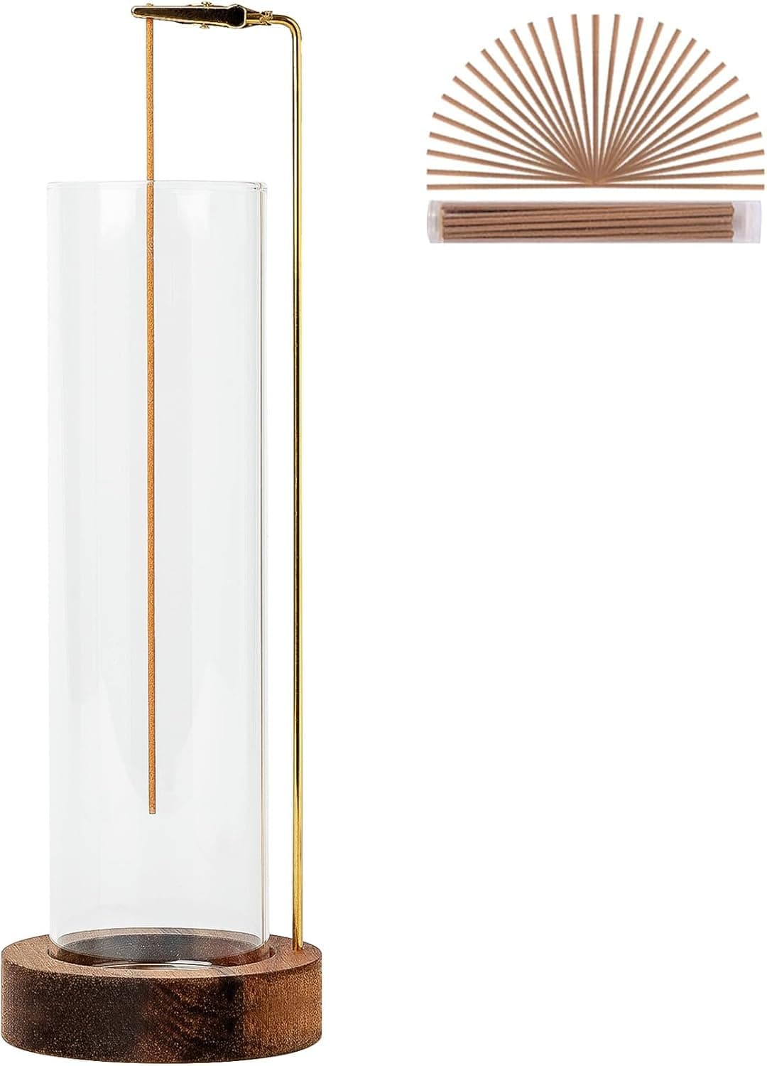 GARMOLY Wooden Incense Holder for Sticks with Detachable Glass Ash Catcher and 30 Incense Sticks, Brown