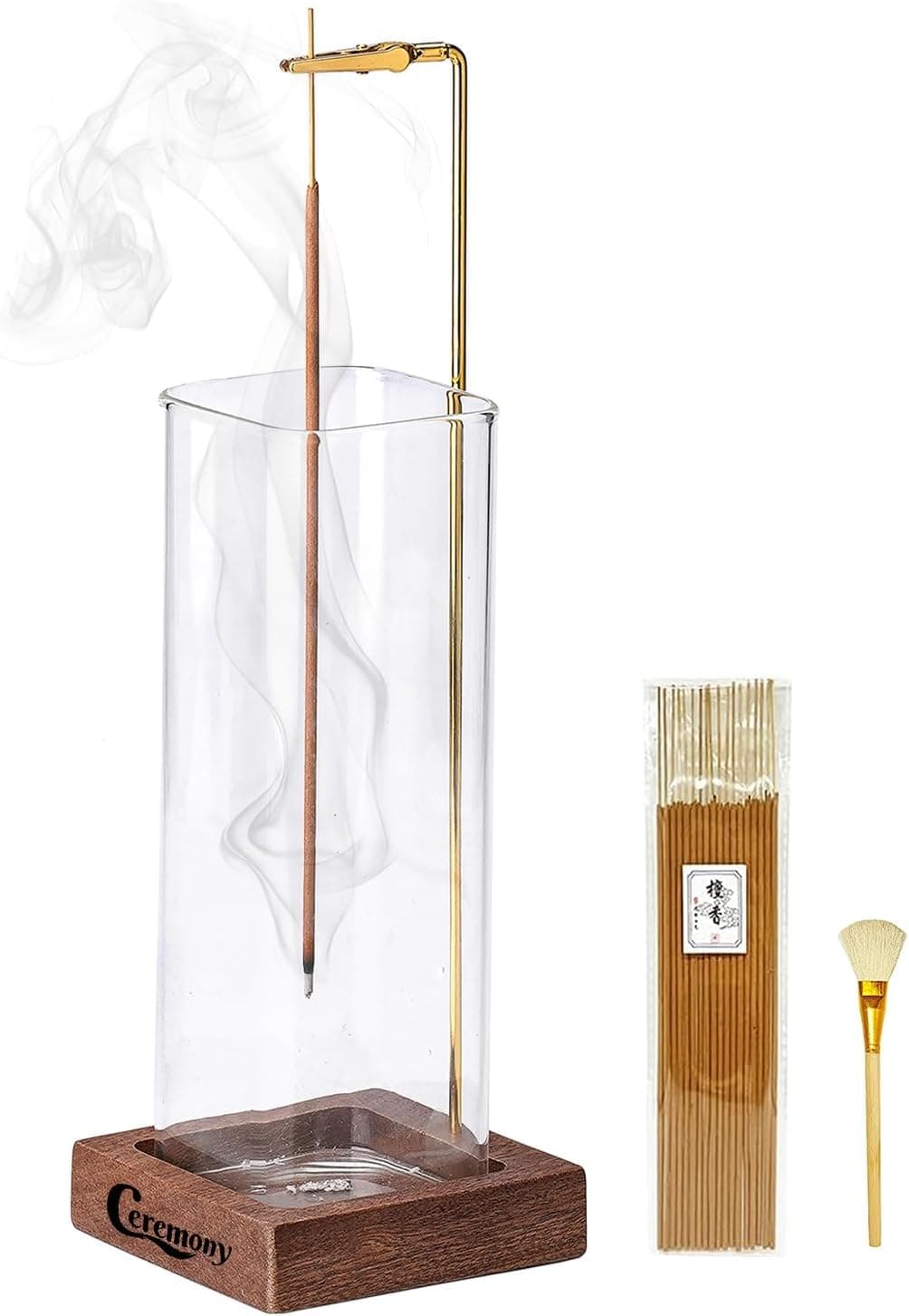 Ceremony Wooden Incense Holder with Glass Ash Catcher, 20 Incense Sticks and Ash Brush