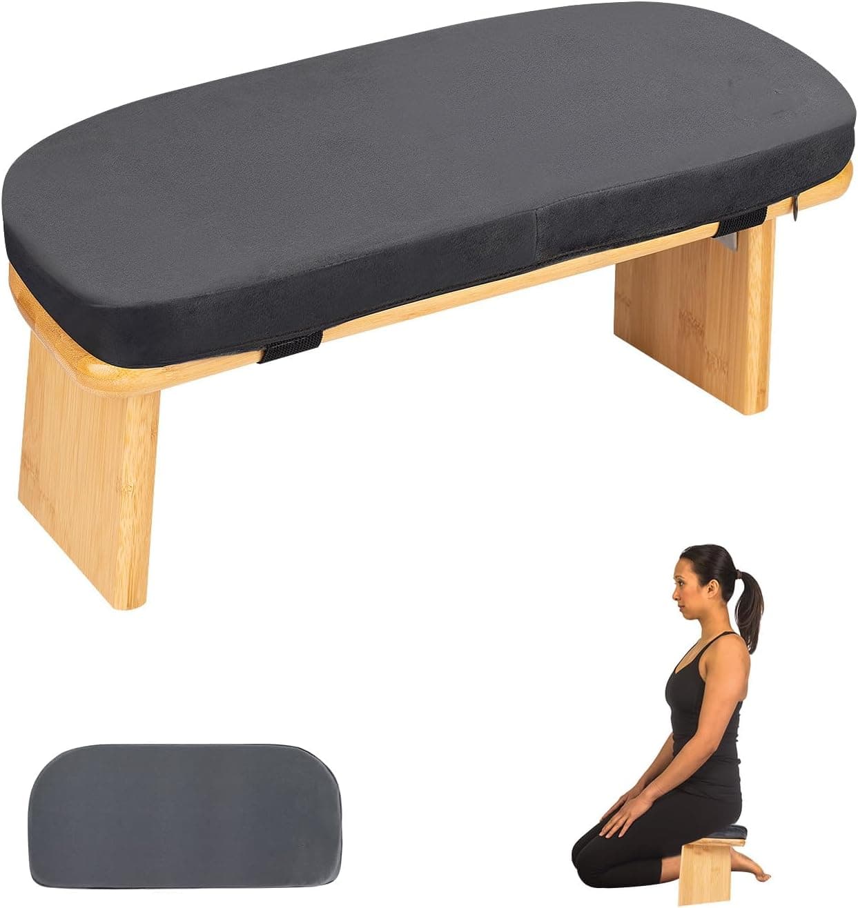 Meditation Bench with Cushion - Foldable Ergonomic Bamboo Kneeling Seiza Stool with Removable Pillow