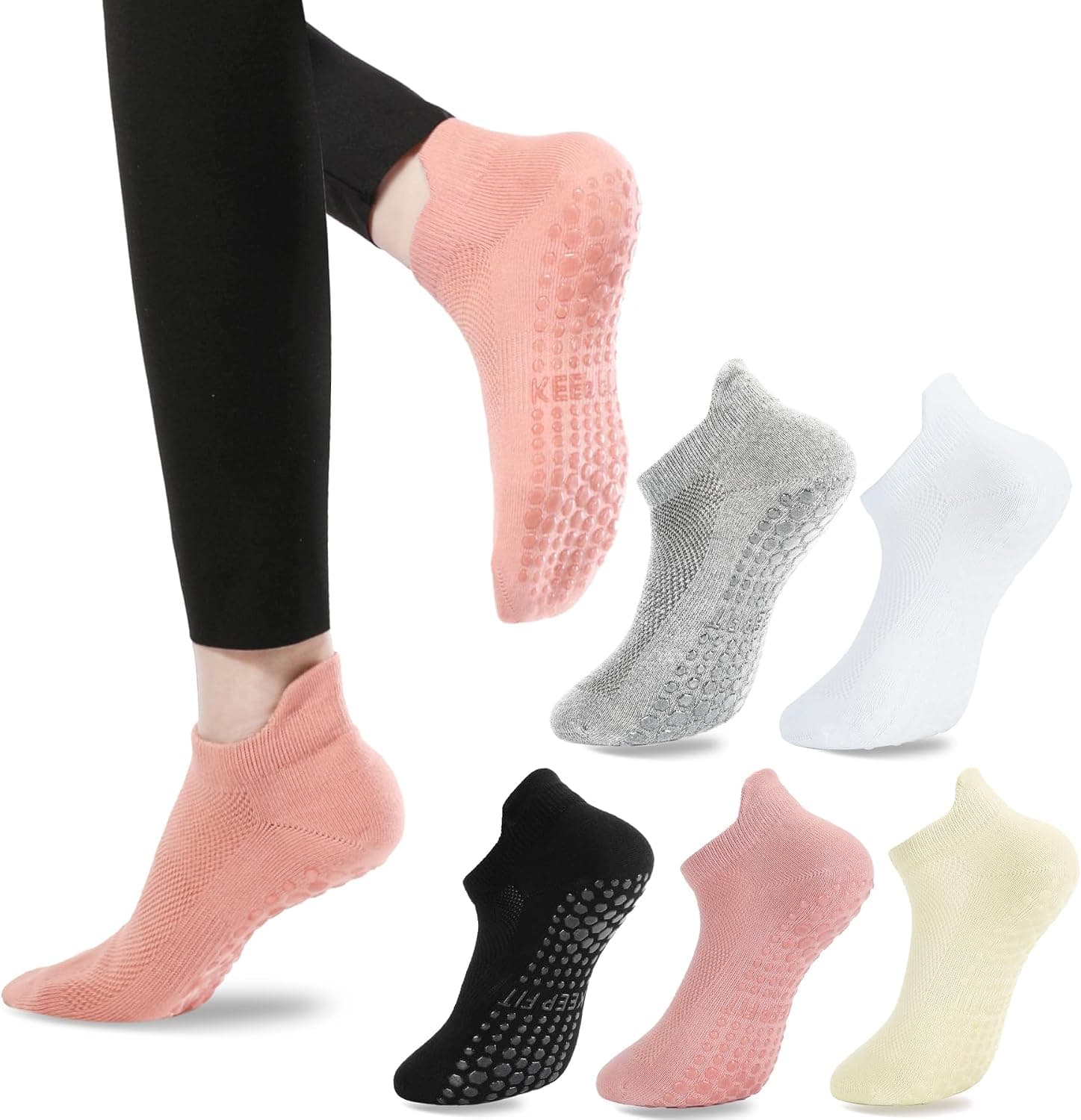 loudashuaiqi Grip Pilates Socks - Non Slip Athletic Yoga Socks with Grips for Women, Cotton 5 Pairs