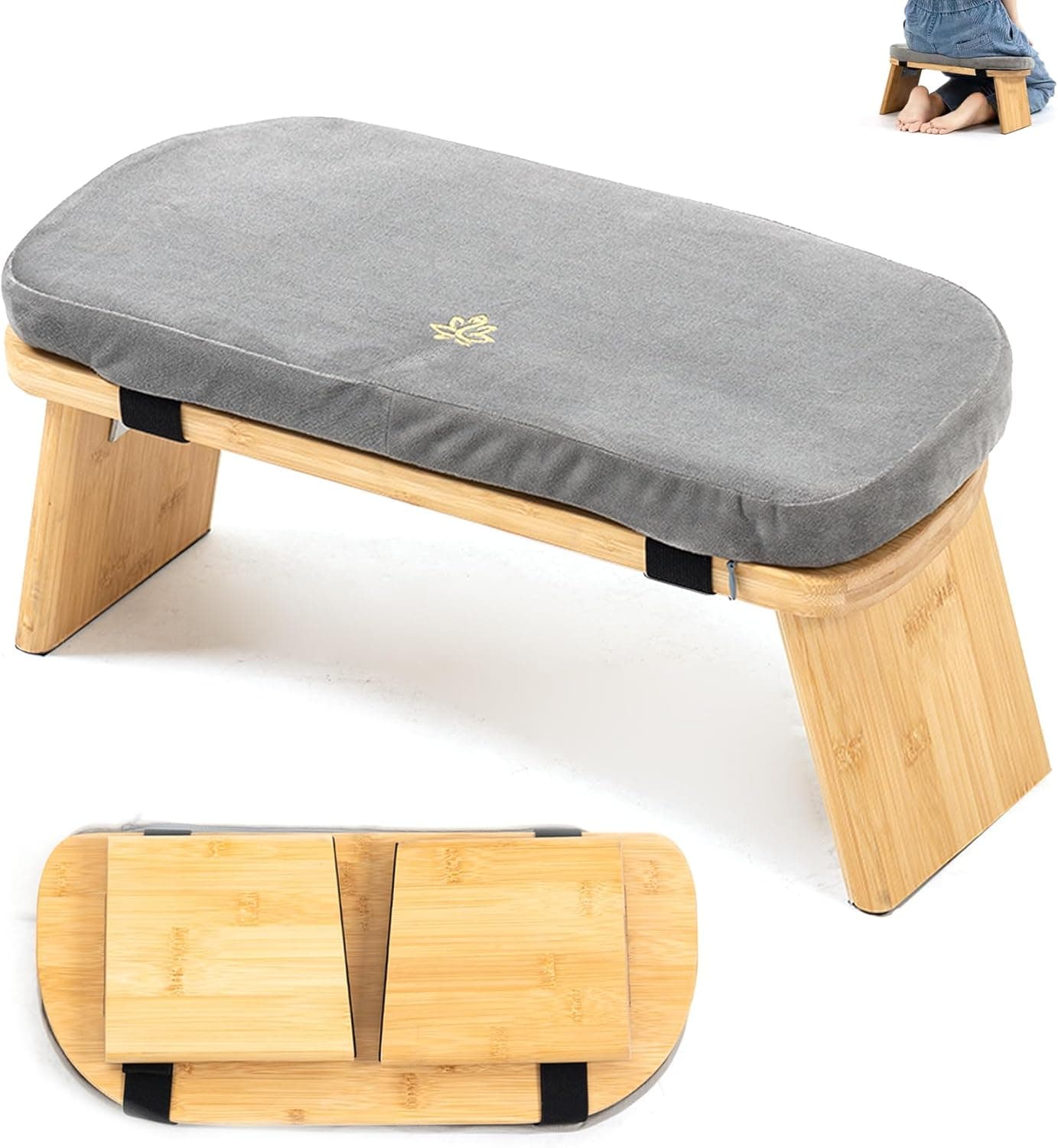 Estleys Bamboo Folding Meditation Bench, Seiza Kneeling Stool with Cushion, Grey