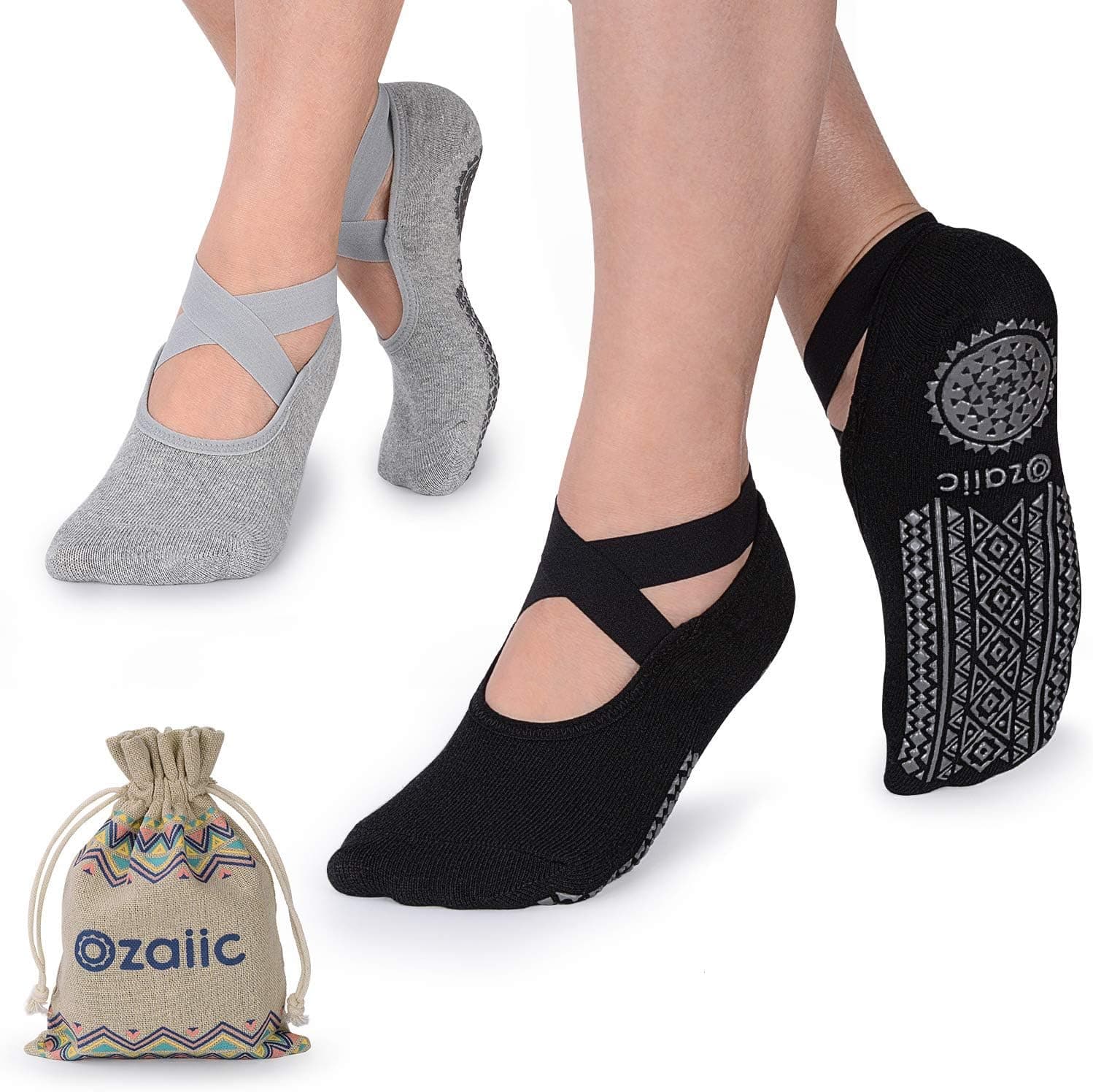 Ozaiic Pilates Socks for Women Non Slip Grip - Yoga Socks with Grippers for Barre, Ballet and Dance, 2 Pairs