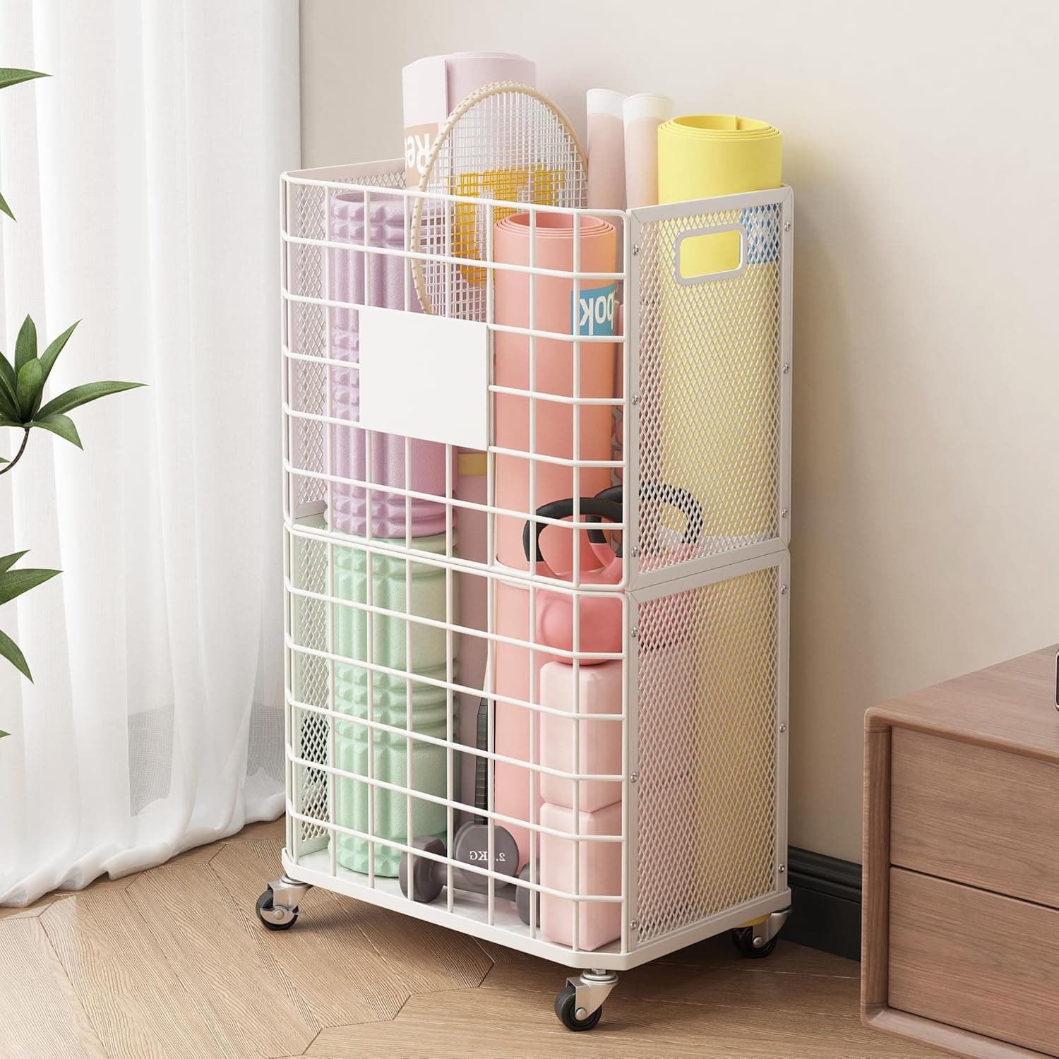 UMDONX Yoga Mat Storage Rack with Wheels, Metal Rolling Organizer Basket