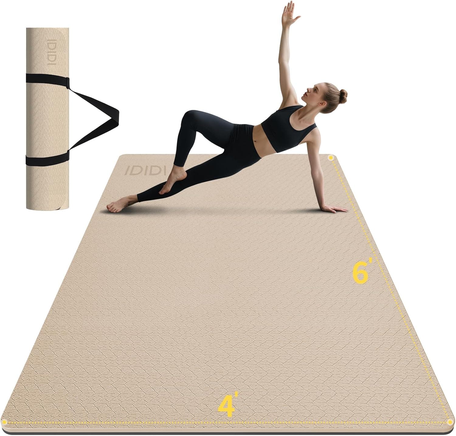 8mm Large Yoga Mat 6'x4' - Extra Long and Wide Non-Slip POE Fitness Mat for Home Workouts, Beige and Black