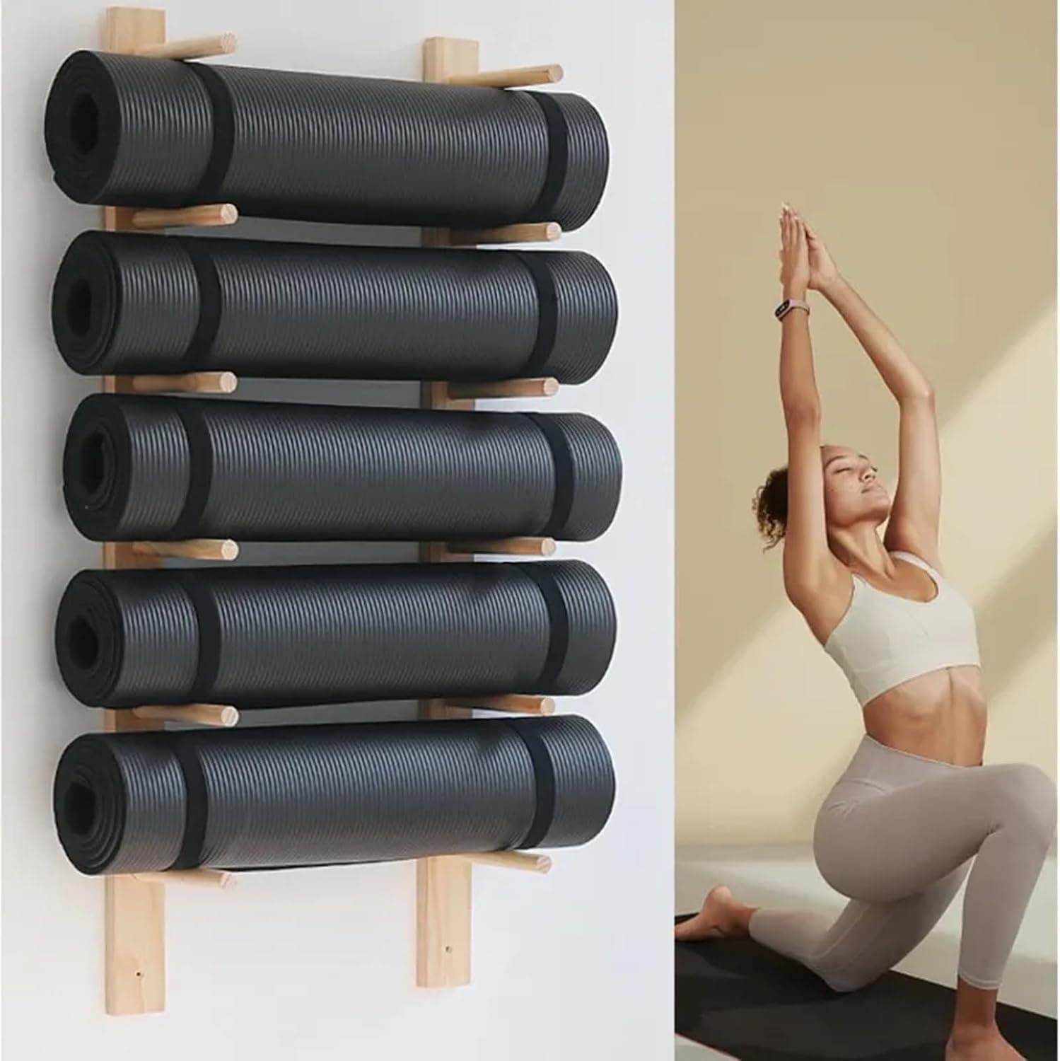 Yoga Mat Holder Wall Mount, Wood Rack Space-Saving Shelf in 3/6/9 Layers