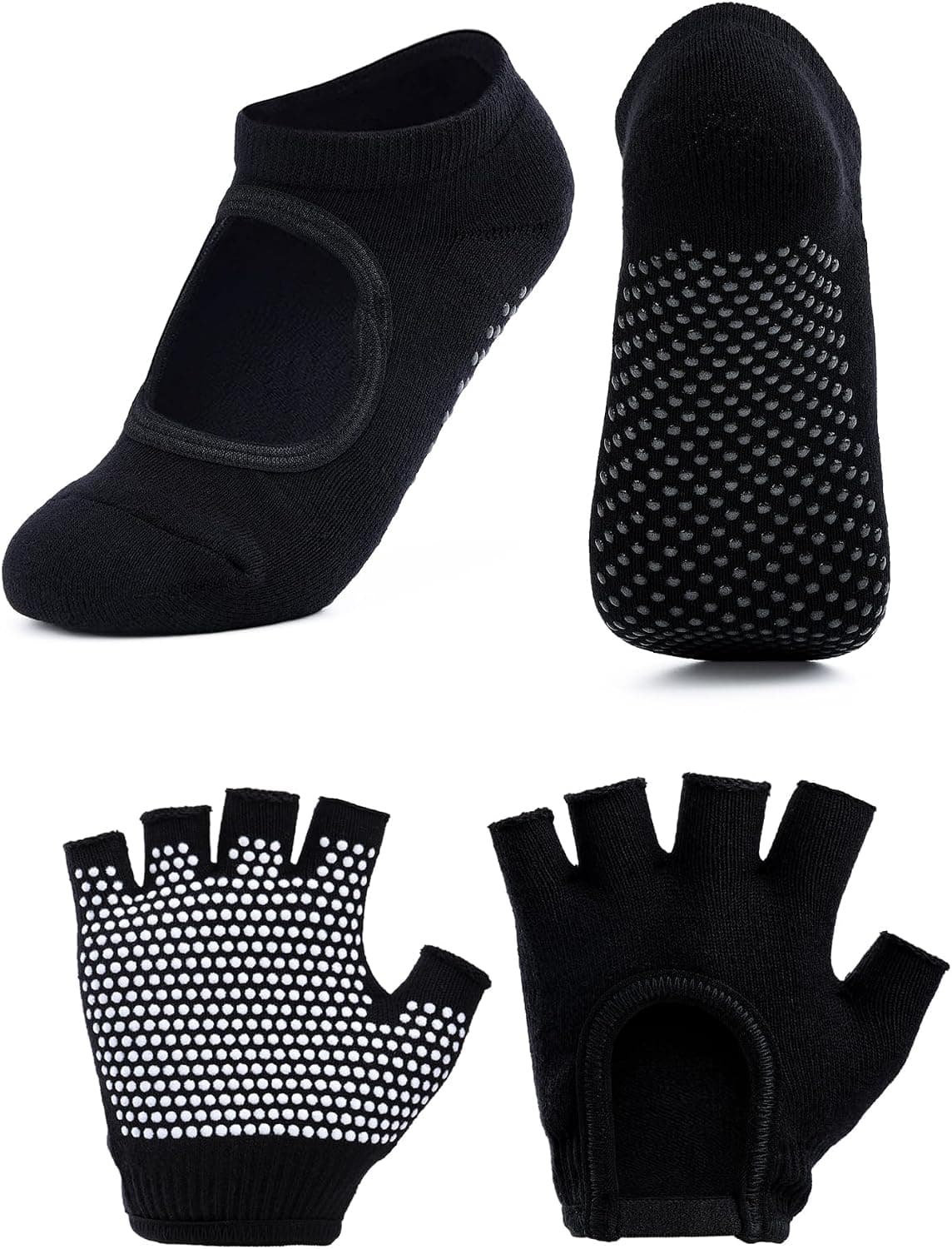 2 Pairs Yoga Grip Gloves and Socks Set, Non Slip Silicone Dot Fingerless Gloves